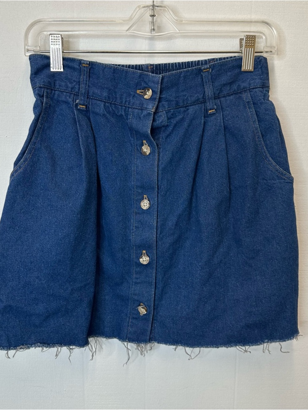Vintage Lands End Size 8 Cut Off Button Front Dark Blue Denim Mini Skirt